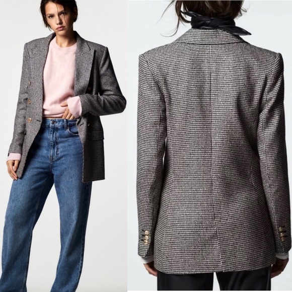 Zara Houndstooth Textured Gold Button Tweed Double Breasted Blazer 2761/255 XS - Picture 3 of 16
